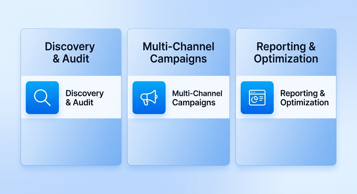 Horizontal three-stage process diagram showing contractor marketing agency workflow: Discovery and Audit with magnifying glass icon, Multi-Channel Campaigns with megaphone icon, Reporting and Optimization with dashboard icon, connected by arrows on white background with blue gradient boxes.