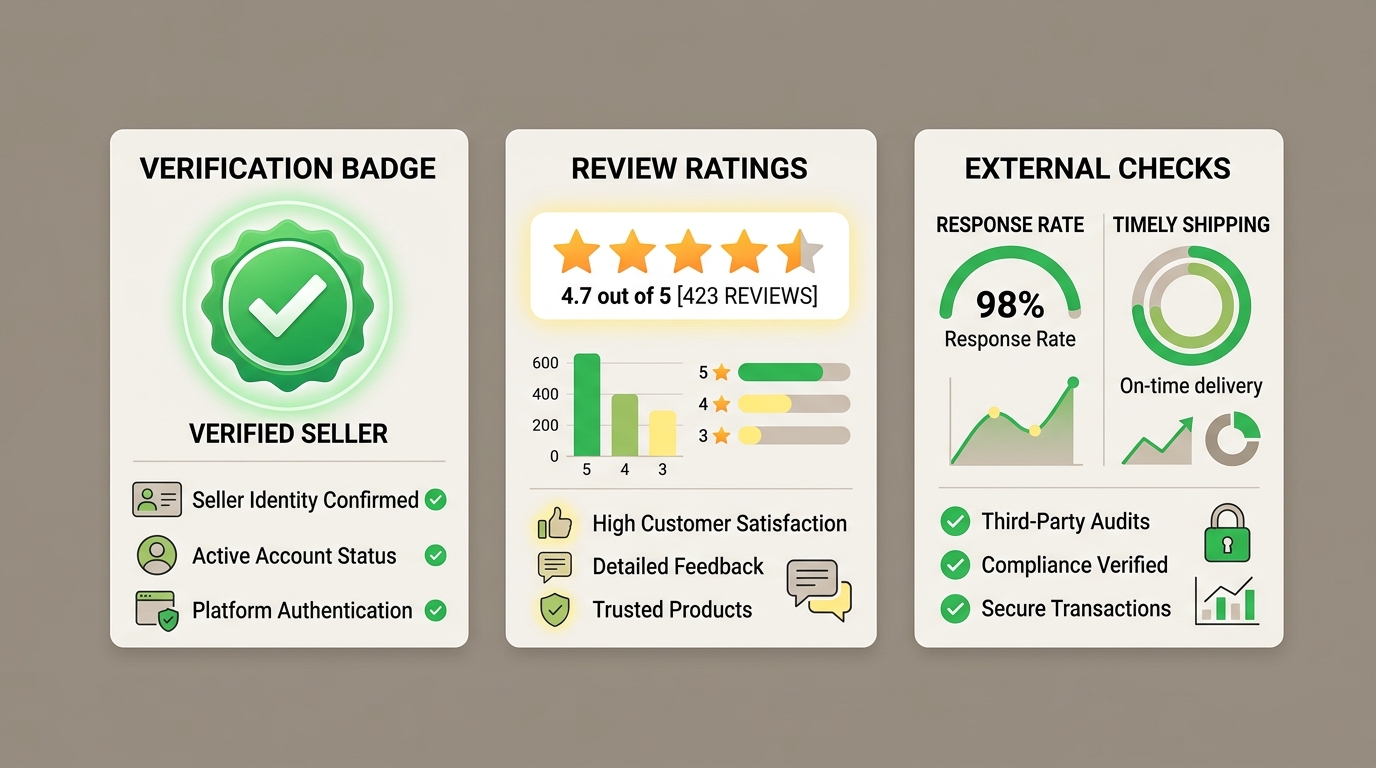 Evaluate seller trust with badges, reviews, and checks.