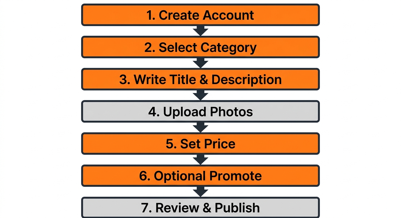 Seven vertical stages to list a used vehicle on 3jlisting: Create Account, Select Category, Write Title & Description, Upload Photos, Set Price, Optional Promote, Review & Publish with arrows connecting them.