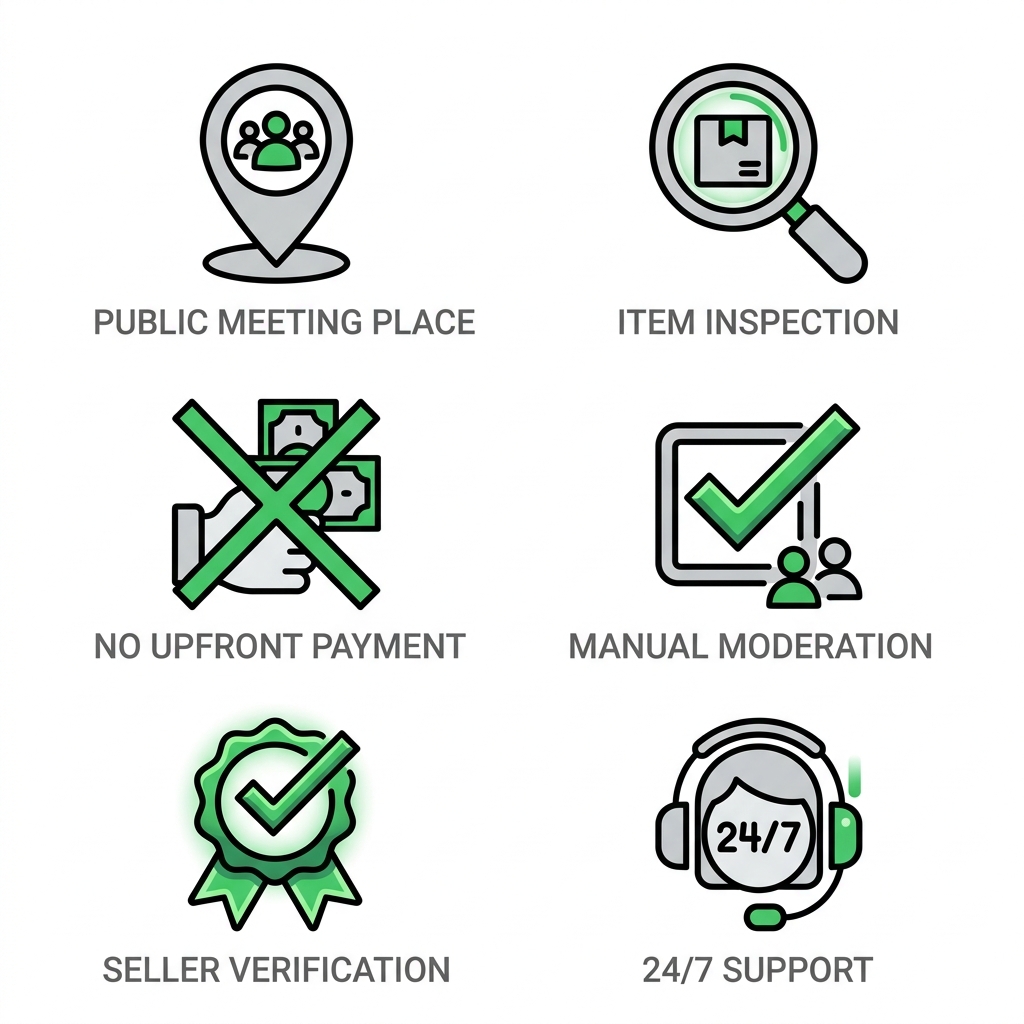 Grid of six safety tip icons for Nigerian classifieds: public meeting place, item inspection, no upfront payment, manual moderation, seller verification, and 24/7 support.