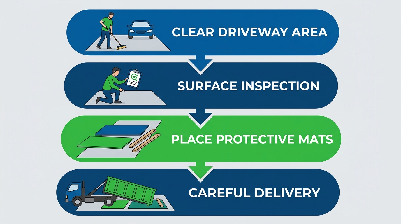 Four-step vertical process diagram for driveway protection during dumpster delivery, showing clear driveway area, surface inspection, placement of protective mats, and careful delivery of dumpster, with blue and green color palette