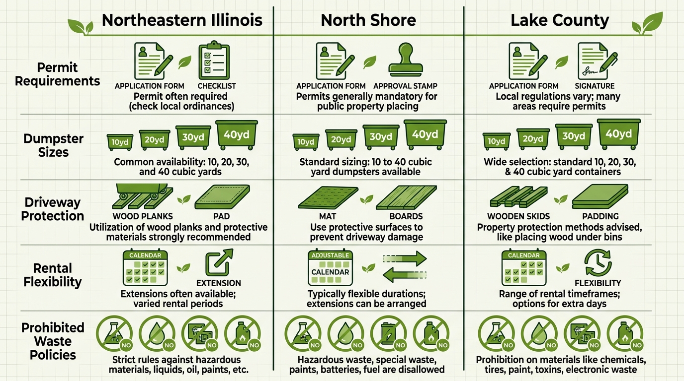 Horizontal comparison infographic showing commercial dumpster services across three regions: Northeastern Illinois, North Shore, and Lake County, with icons for permits, sizes, driveway protection, rental flexibility, and prohibited waste policies.