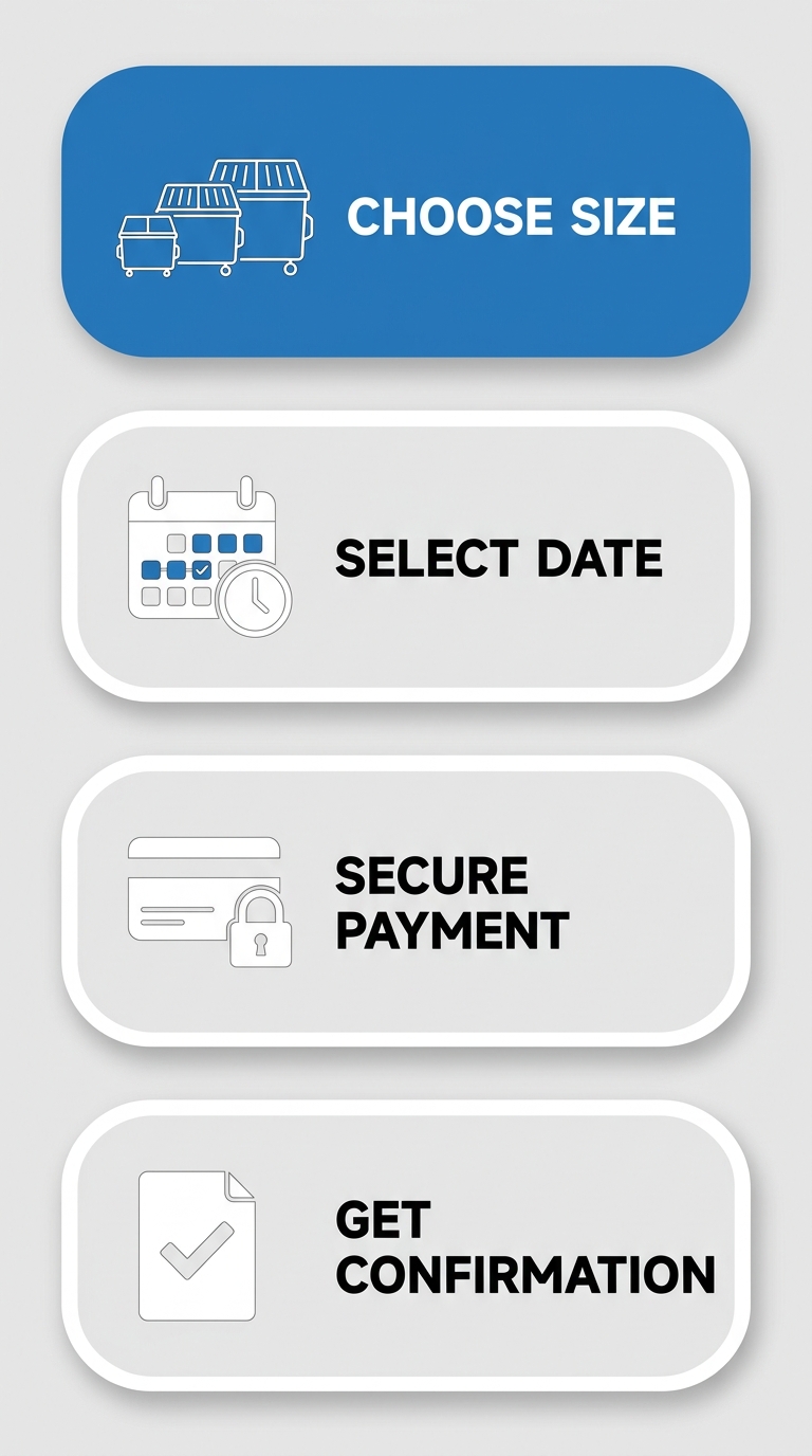 Vertical 4-step process showing how to book a commercial dumpster rental: choose dumpster size, select delivery date and rental period, secure online payment, and receive confirmation and instructions.