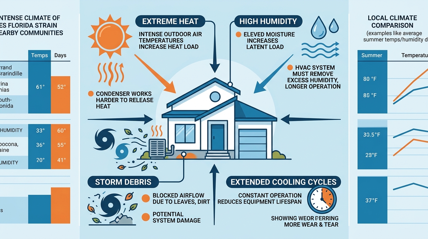 Infographic illustrating how Tavares Florida's hot and humid climate affects HVAC systems