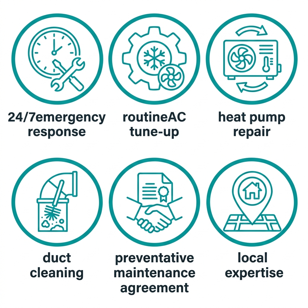 Grid of six service icons for Lucas Air Conditioning and Heating