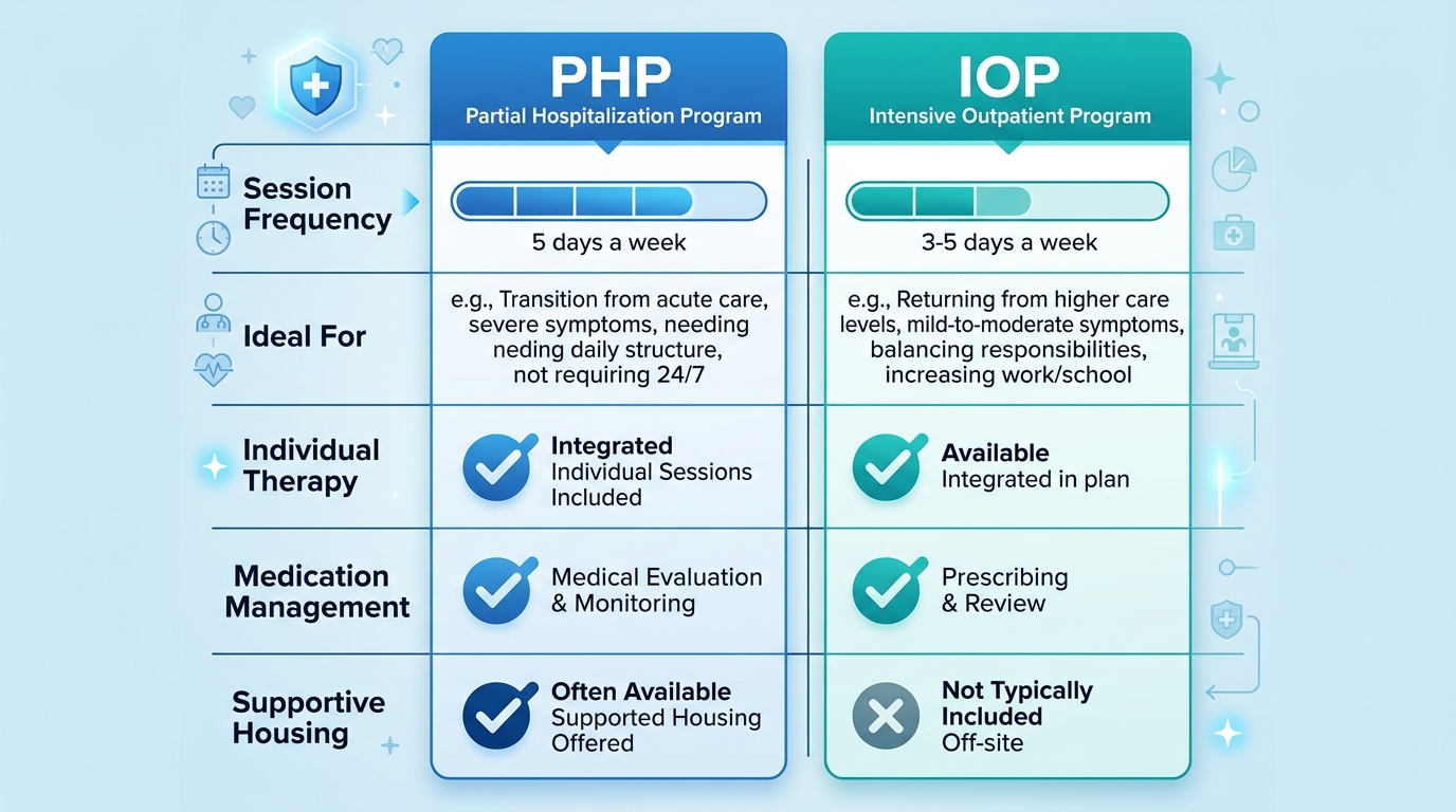 Side-by-side comparison infographic of Partial Hospitalization Program and Intensive Outpatient Program features including session frequency, ideal for, individual therapy, medication management, and supportive housing.