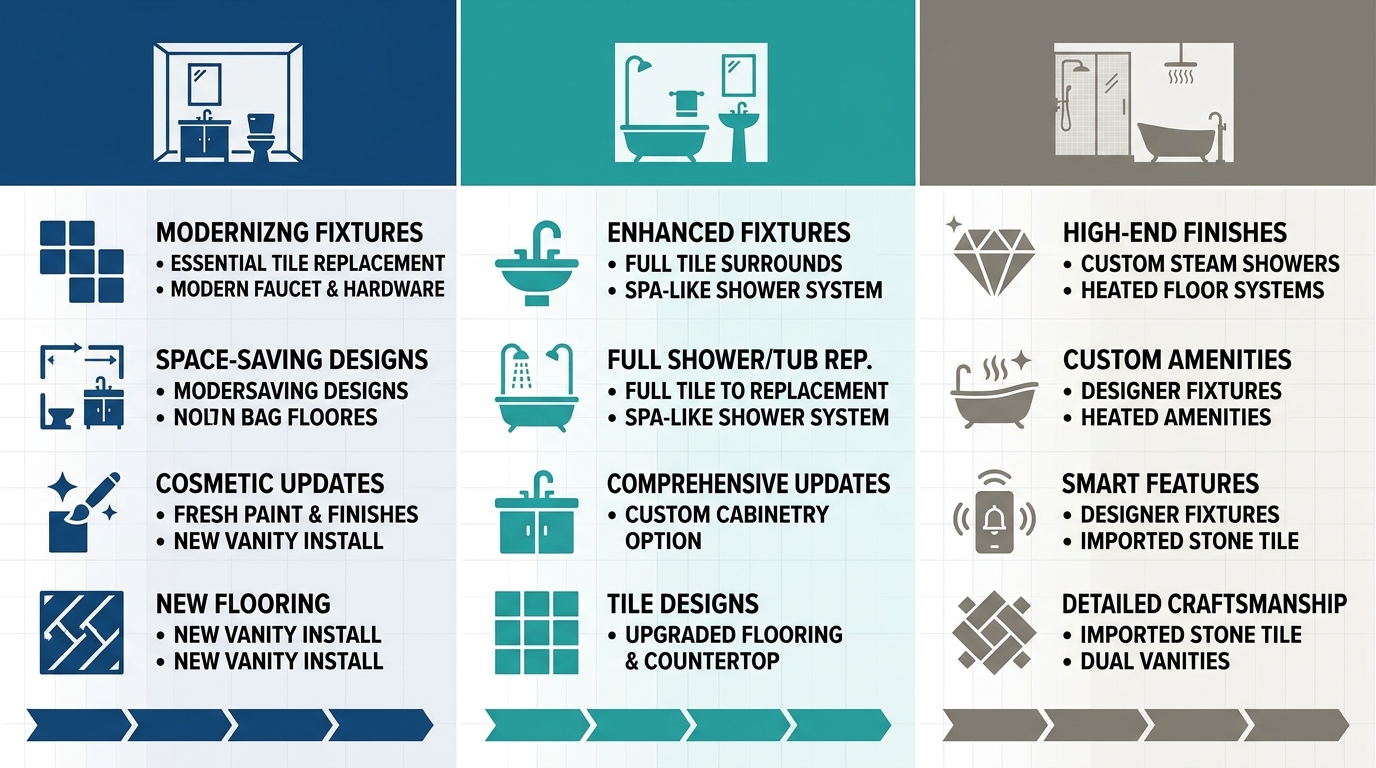 Three-column bathroom remodeling comparison infographic showing Small, Standard, and Luxury options with icons, features, and timeline bars.