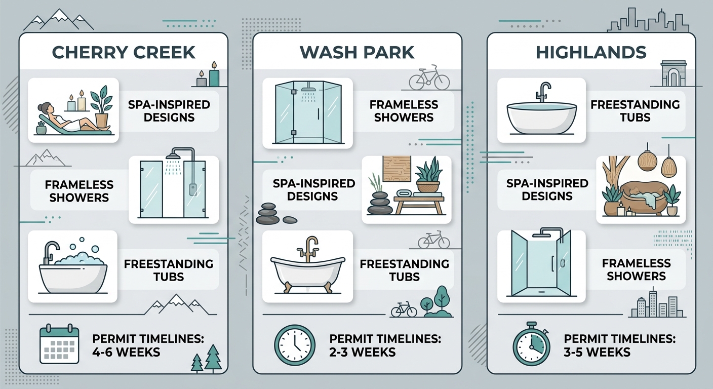 Three-column infographic comparing bathroom remodeling trends in Centennial, Denver, and Littleton neighborhoods, featuring spa designs, frameless showers, and permit timeline icons with a teal and gray palette.