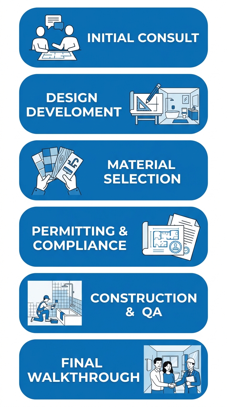 Vertical process flow diagram illustrating six steps of design-build custom bathroom remodeling: initial consultation, design development, material selection, permitting and code compliance, construction and quality assurance, final walkthrough and handover. Blue and white palette with professional styling.