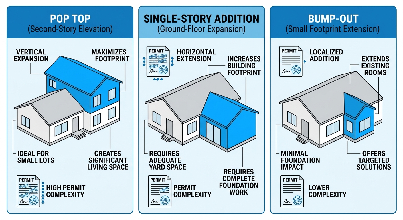 Infographic comparing three home addition types: Pop Top, Single-Story Addition, and Bump-Out, with house diagrams and permit complexity icons in blue and white.
