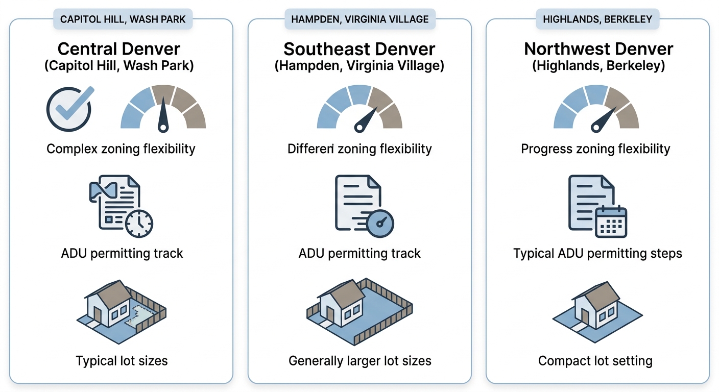 Infographic comparing three Denver neighborhood groups for guest suite additions: Central Denver, Southeast Denver, and Northwest Denver, with icons representing zoning flexibility, ADU permitting, and lot size.