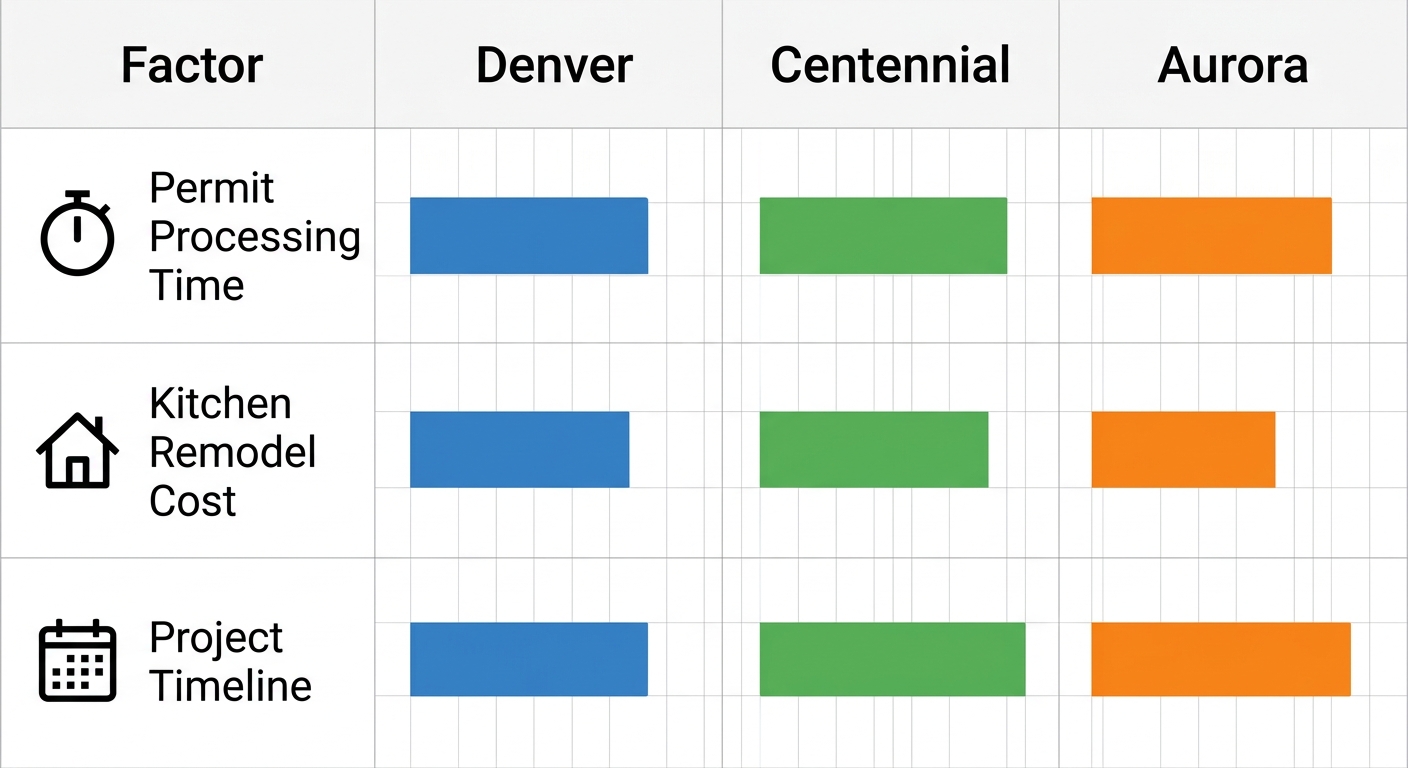 Comparison matrix of home remodeling factors across Denver, Centennial, and Aurora, with icon representations for permit processing time, kitchen remodel cost, and project timeline, using color-coded bars without numeric values.