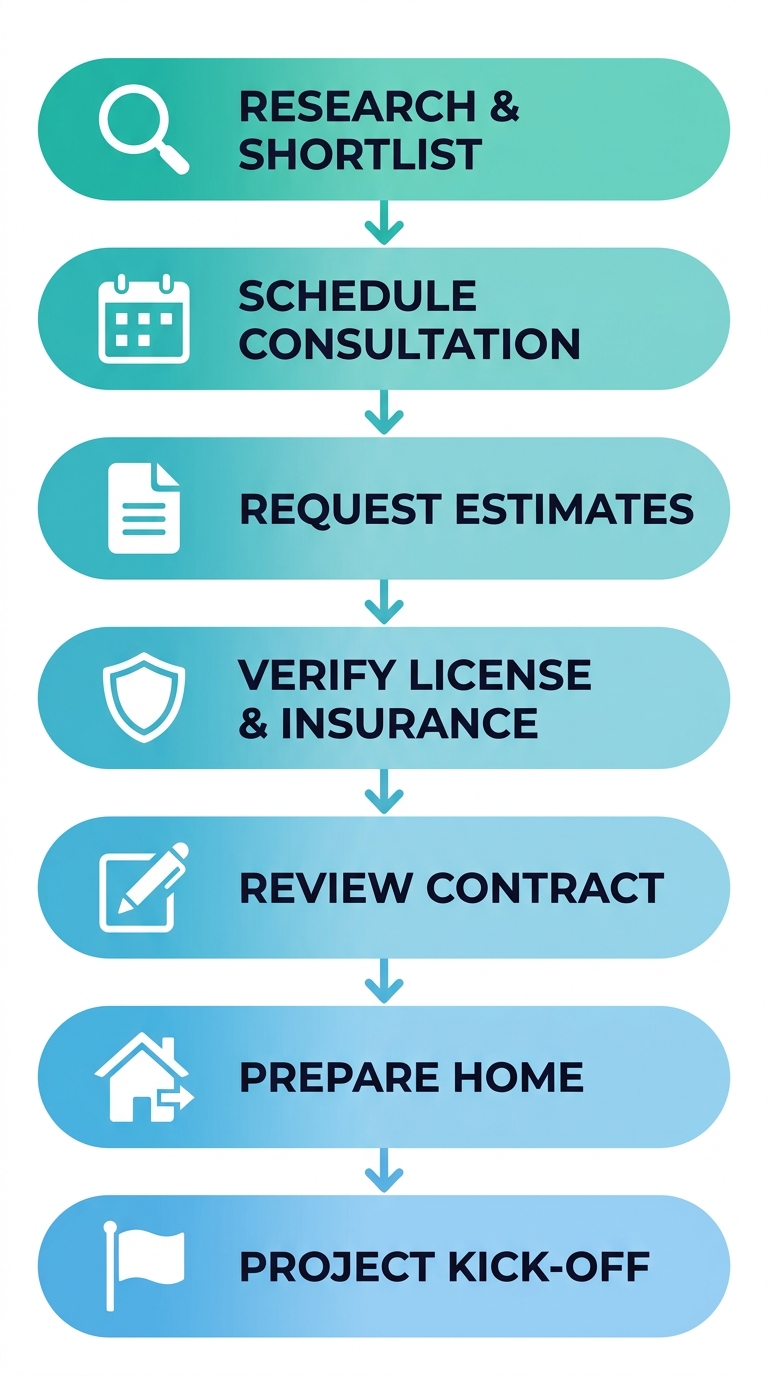 Vertical process flow diagram showing seven steps to start a remodeling project with a general contractor, from research to project kick-off, in teal and light blue gradient.