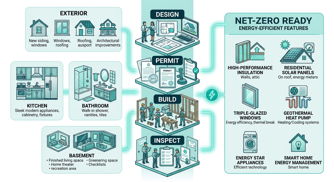 Infographic of ACN Construction's complete remodeling service with a central design-build workflow of Design, Permit, Build, Inspect, surrounded by icons for kitchen, bathroom, basement, exterior, net-zero ready, and energy-efficient features.