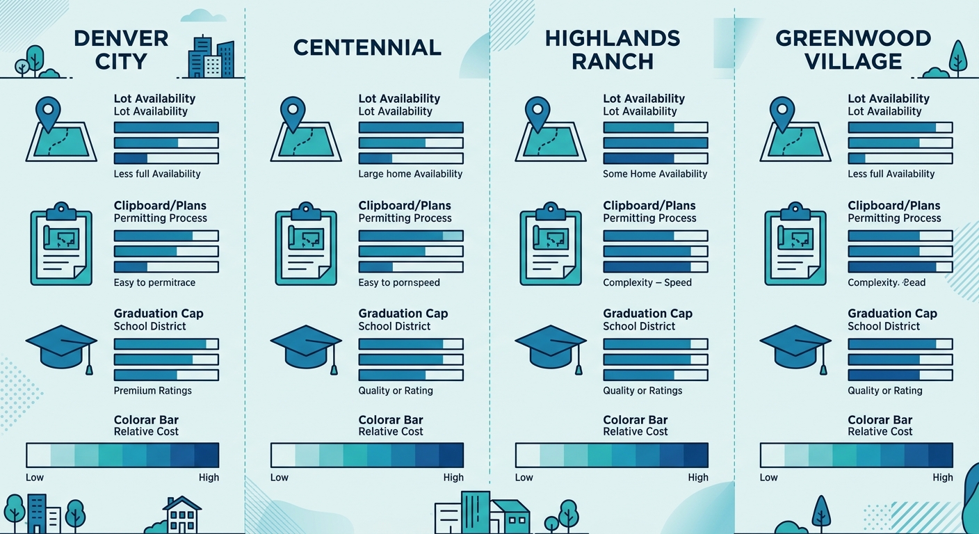 Infographic comparing four Denver metro communities for custom home building, showing icons for lot availability, permitting, school district, and cost.