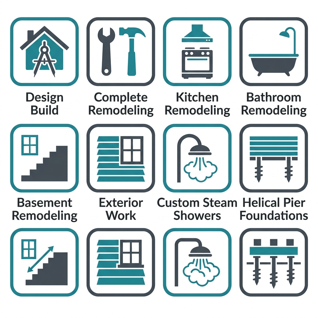 Eight icons in a two-by-four grid representing ACN Construction design-build and remodeling services, including kitchen, bathroom, basement remodeling, exterior work, and custom steam showers, with teal and charcoal gray fills on white background.