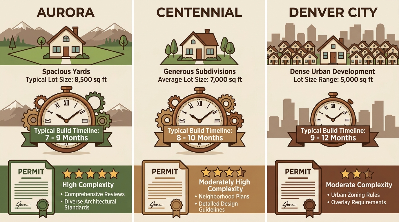 Three-column infographic comparing home building in Aurora, Centennial, and Denver City with icons for lot size, timeline, and permit complexity using earthy tones.