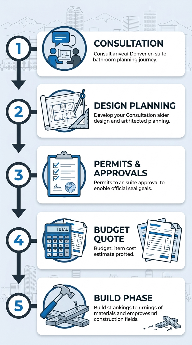 Five-step vertical process flow illustrating the en suite bathroom addition planning process in Denver featuring numbered circles with icons for consultation, design planning, permits and approvals, budget and quote, and build phase, with a subtle Denver skyline background.