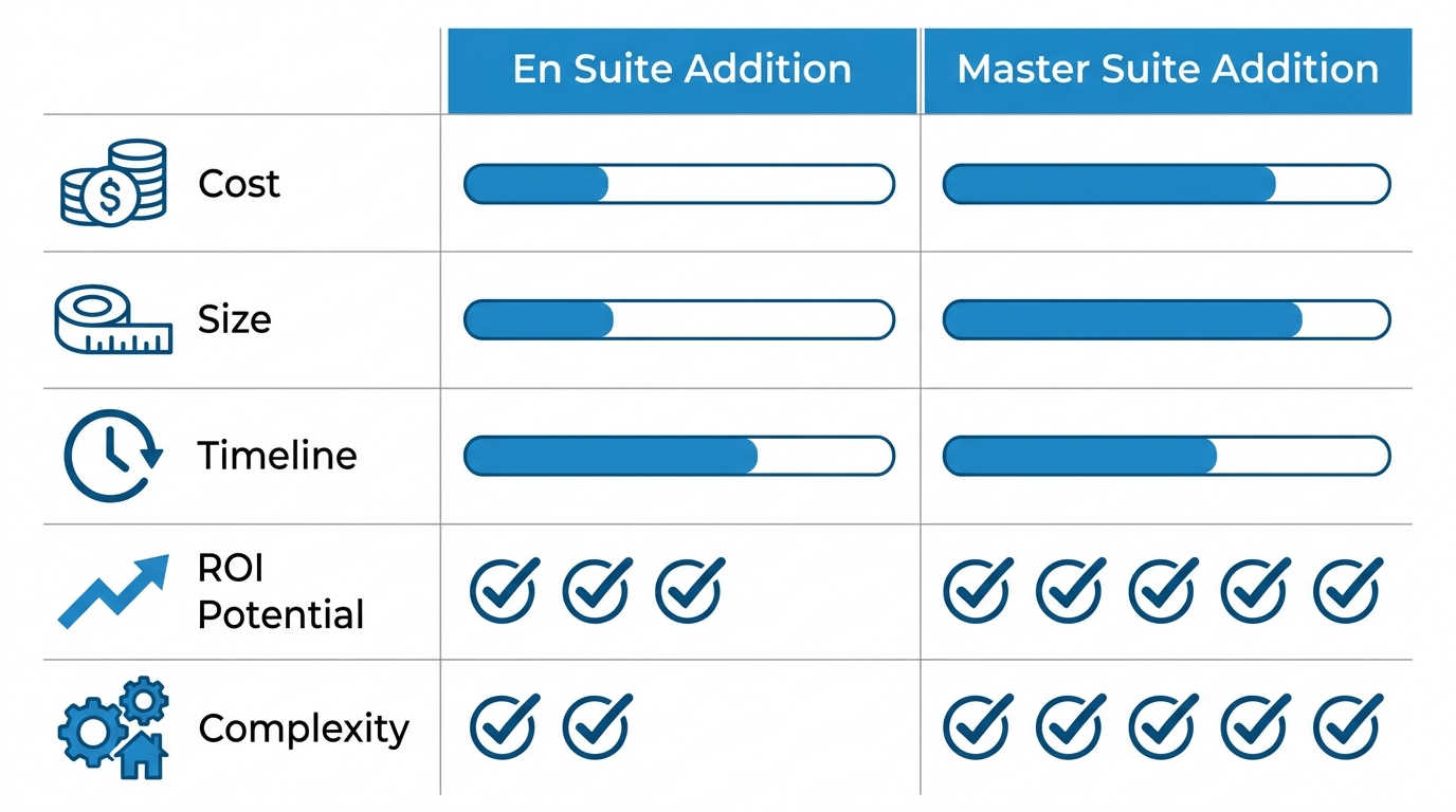 Two-column infographic comparing en suite bathroom addition and master suite addition with rows for cost, size, timeline, ROI potential, and complexity using checkmark and bar indicators on a clean blue and white layout.
