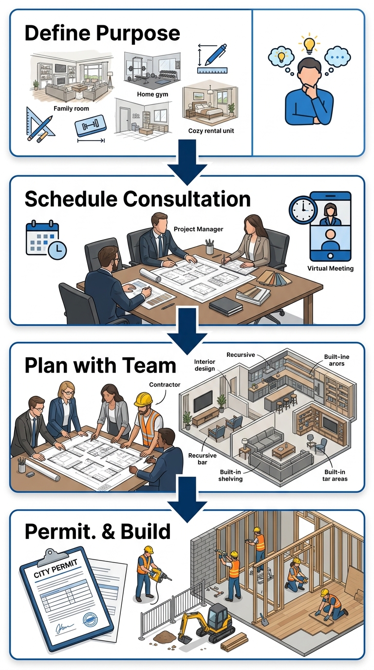 Four-step process for starting a basement remodel in South Denver, from defining purpose to construction.