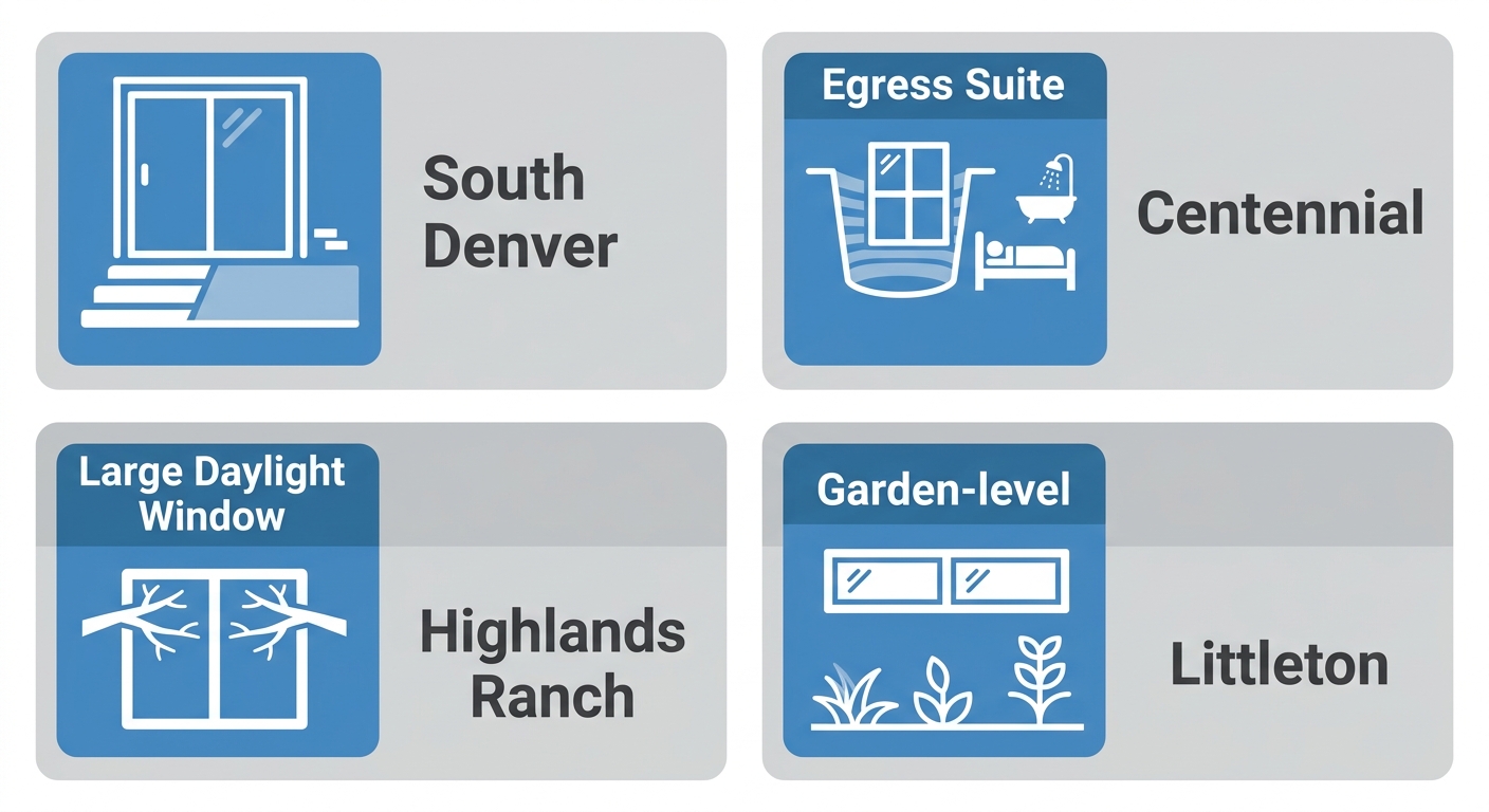 Comparison infographic of four South Denver neighborhoods and their common basement remodeling types: South Denver, Centennial, Highlands Ranch, and Littleton.