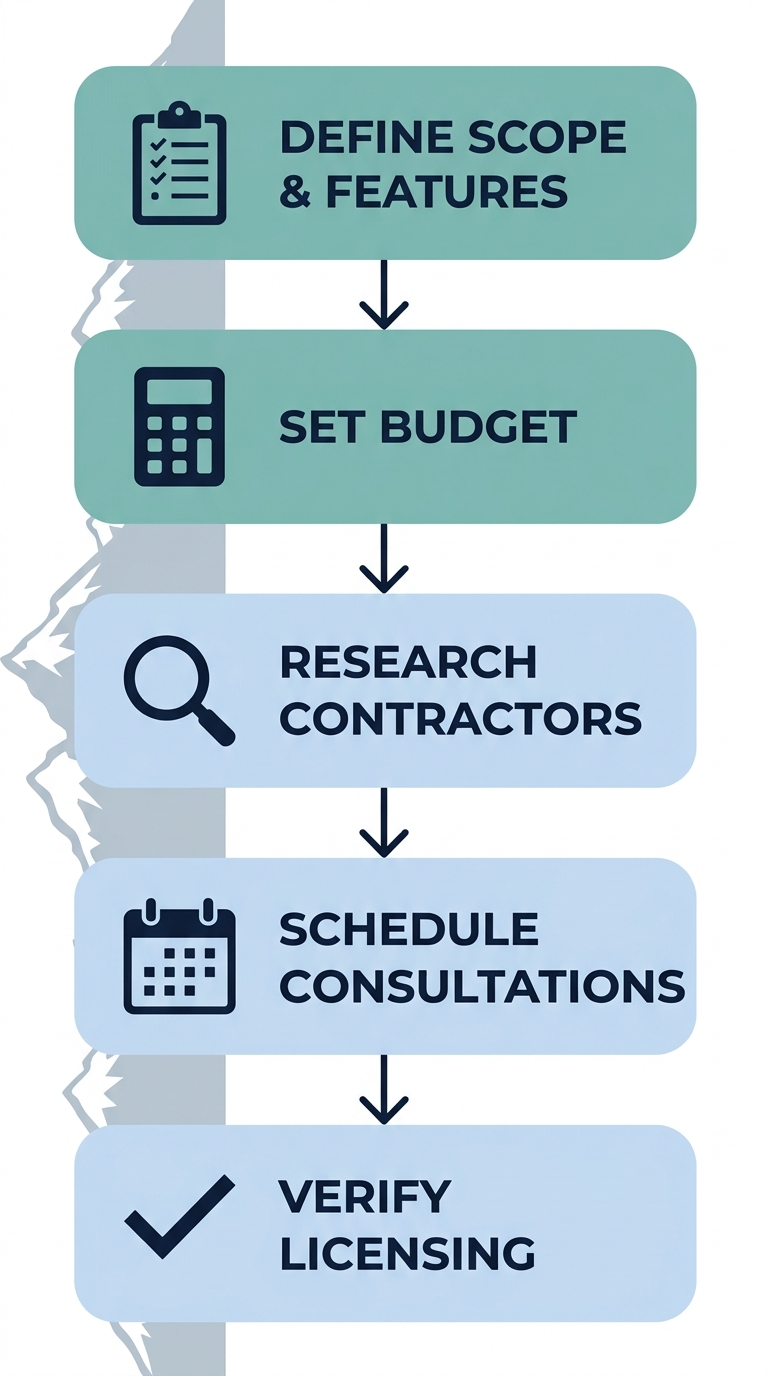 Vertical process diagram showing five steps to begin a kitchen remodeling project in Denver, with icons and labels for each stage.