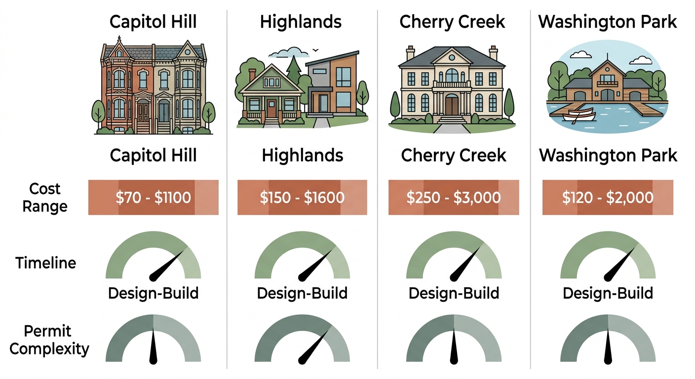 Comparison infographic for Denver kitchen remodels in Capitol Hill, Highlands, Cherry Creek, and Washington Park