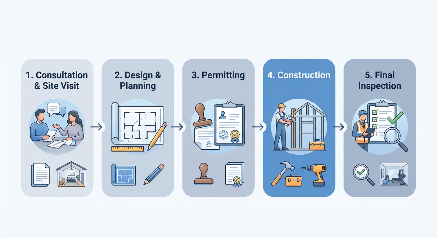 Five-step horizontal process flow for Denver home gym project: consultation, design, permitting, construction, final inspection. Icons and arrows connect blue rounded rectangles with number labels.