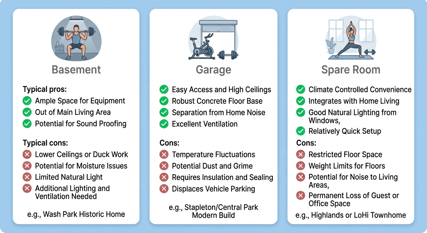 Three-column comparison infographic showing basement, garage, and spare room home gym conversions with pros, cons, and example Denver neighborhoods.