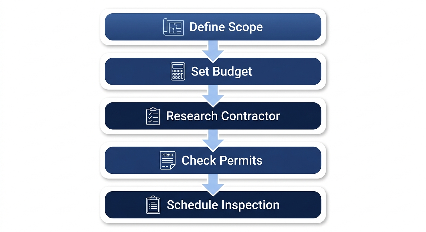 Vertical process flow diagram outlining five essential steps for a Denver bathroom remodel: Define Scope, Set Budget, Research Contractor, Check Permits, and Schedule Inspection, with icons in rounded rectangles connected by arrows.
