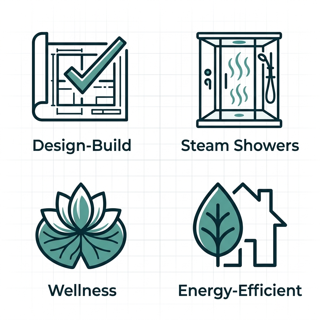 Icon set of four bathroom remodeling services offered by ACN Construction: design-build, steam showers, wellness sanctuary, and energy-efficient solutions, with teal outlines on white grid background.