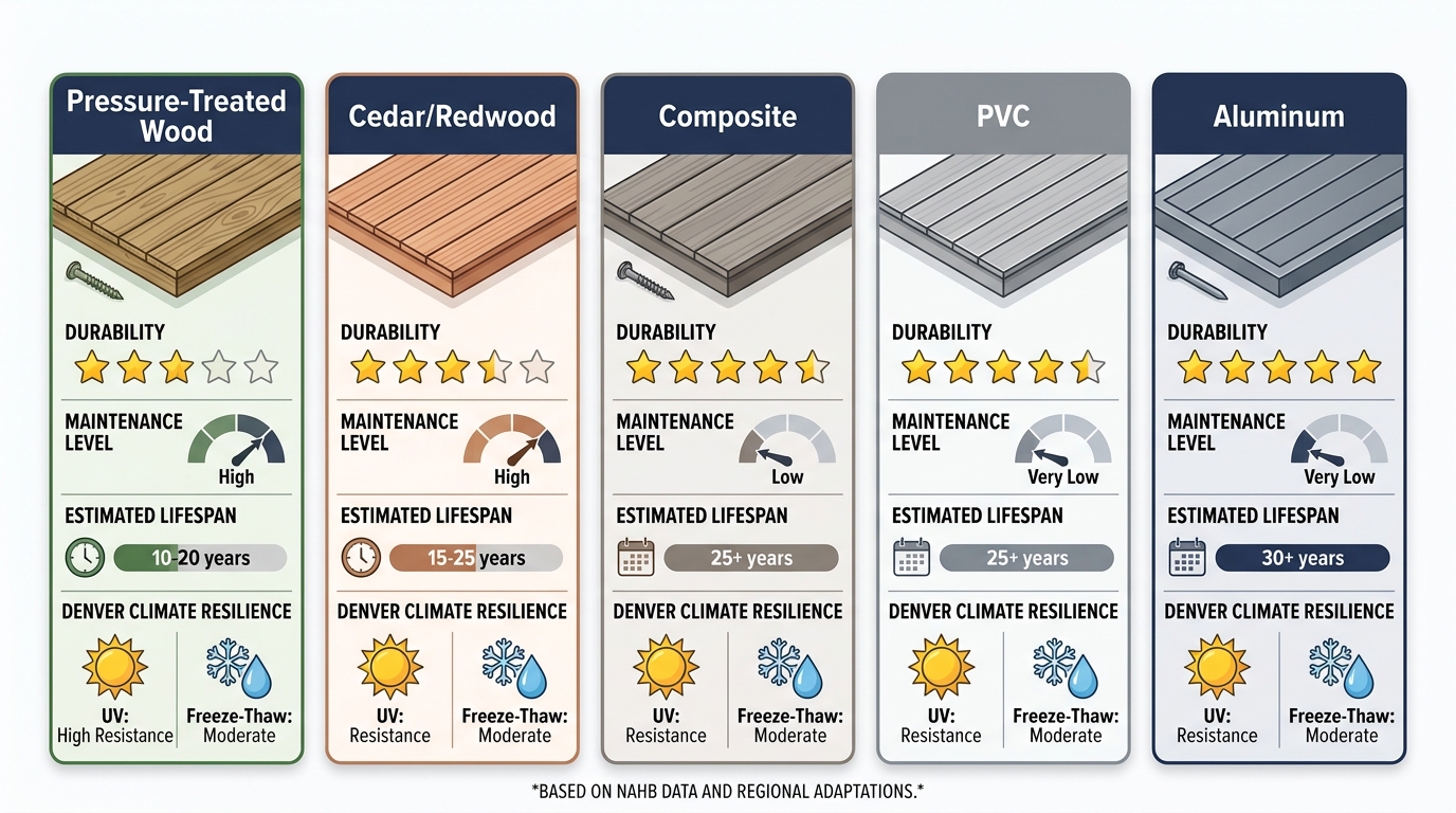 Horizontal comparison infographic of five decking materials for Denver: Pressure-Treated Wood, Cedar/Redwood, Composite, PVC, and Aluminum, with durability star ratings, maintenance gauges, and lifespan indicators.