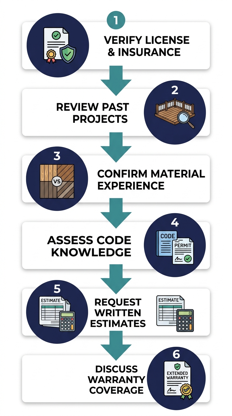 Six-step vertical process flow for hiring a Denver decking company, showing numbered circles connected by downward arrows with icons for license, portfolio, materials, codes, estimates, and warranty.