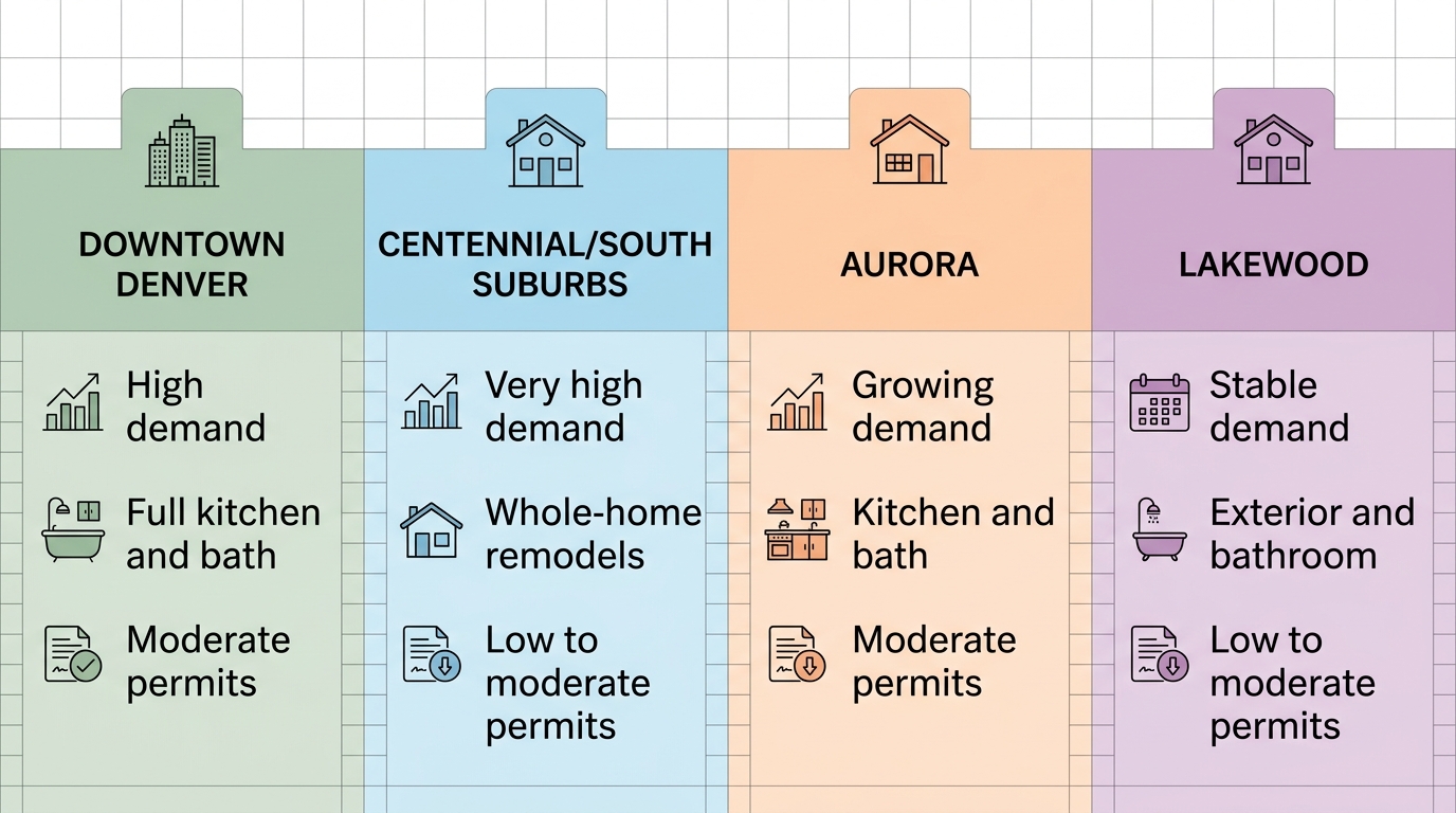 Infographic comparing remodeling demand and project types across Denver neighborhoods including Downtown, Centennial, Aurora, and Lakewood