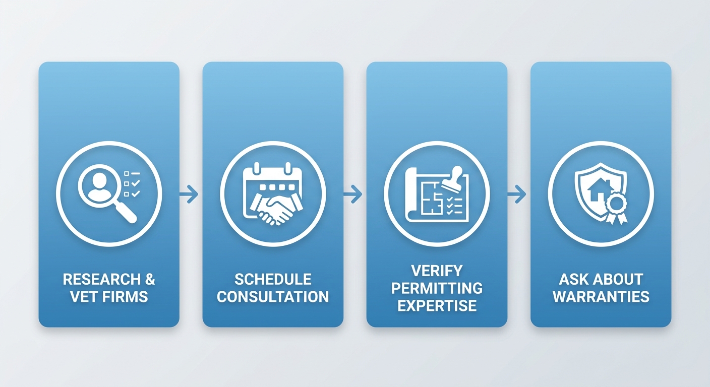 Four-step process flow for starting with a design-build partner: research firms, schedule consultation, verify permitting expertise, and ask about warranties.