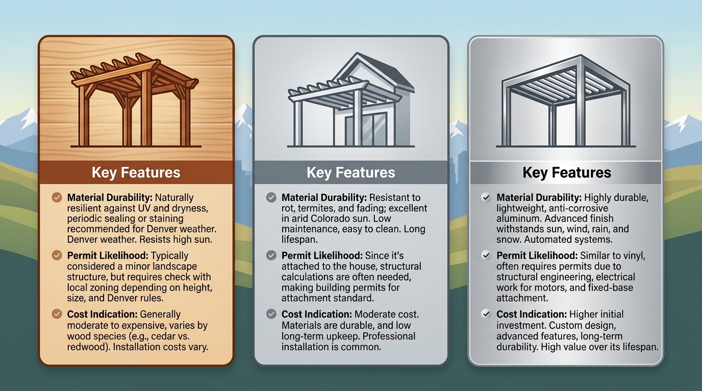Infographic comparing three pergola types for Denver's climate: freestanding wood, attached vinyl, and custom aluminum louvered roof.