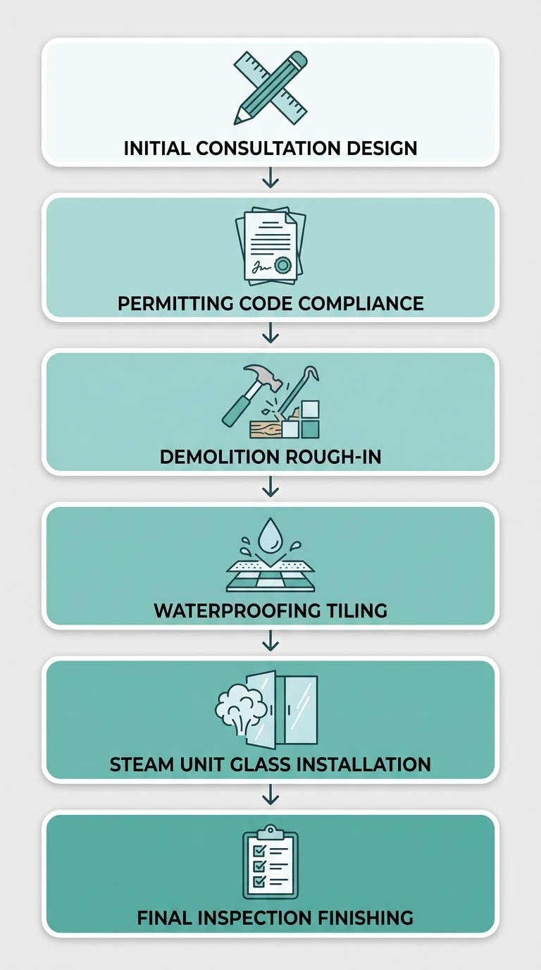 Six-stage vertical process flow for a custom steam shower remodel in Denver, showing stages from consultation to final inspection with icons and labels.