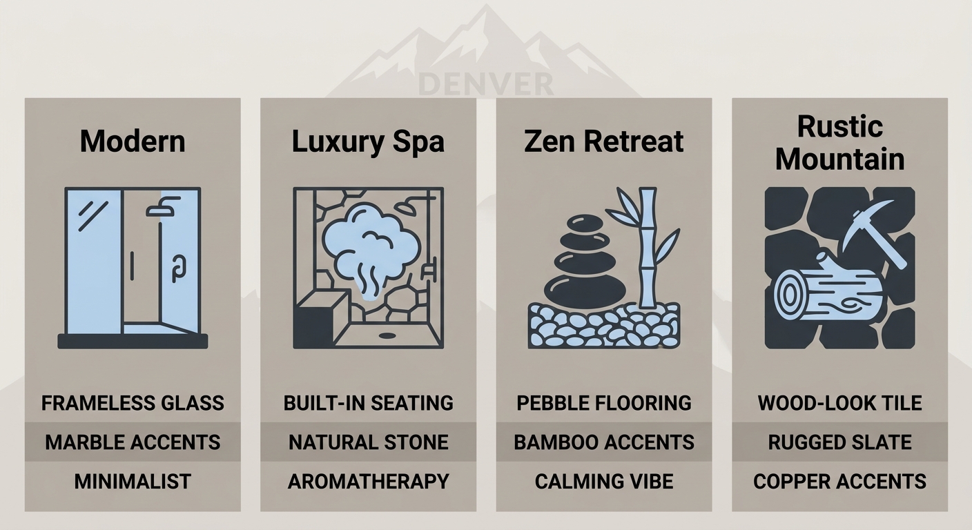 Four-column infographic comparing Modern, Luxury Spa, Zen Retreat, and Rustic Mountain custom steam shower design styles with icons and key features