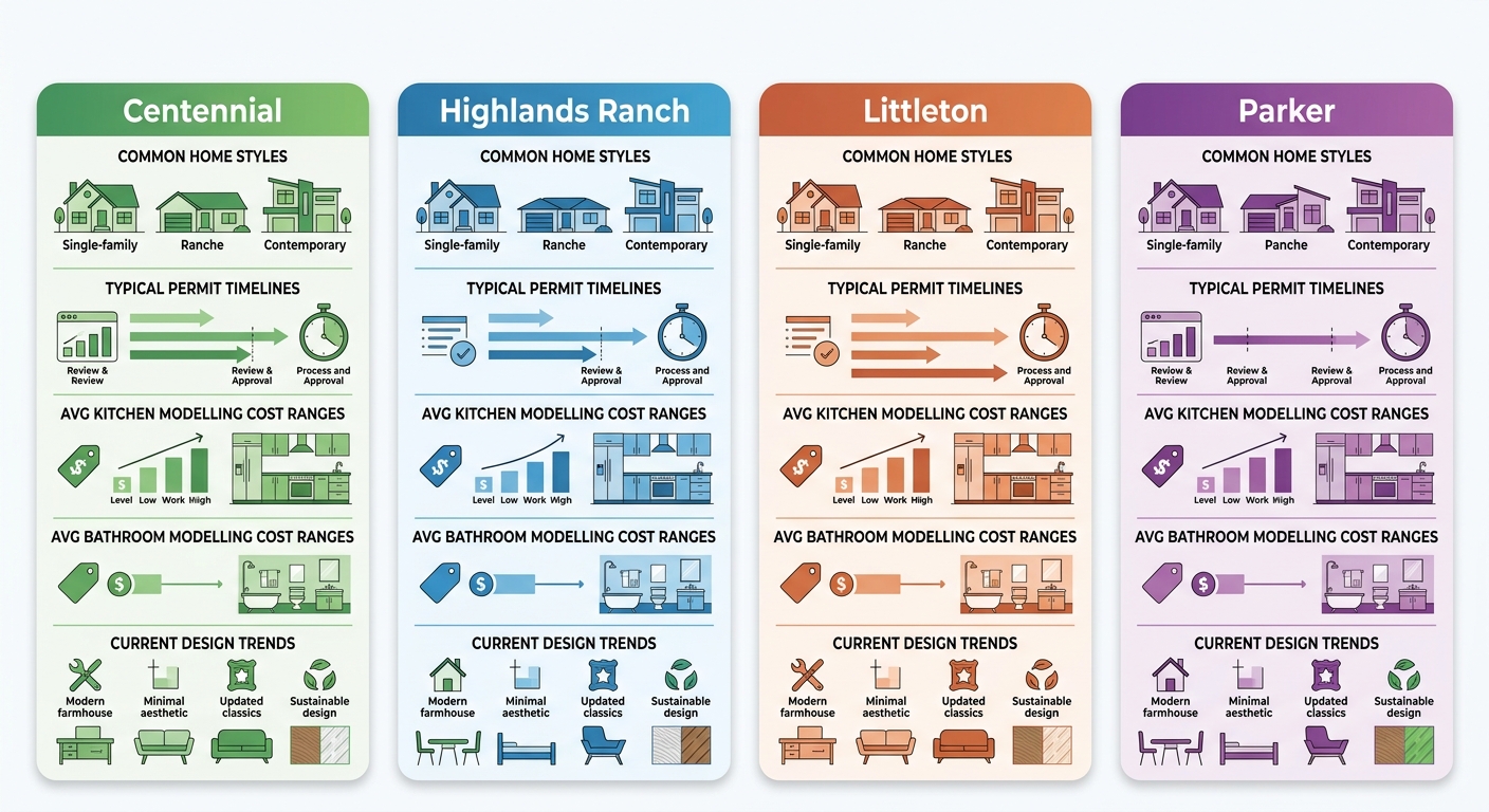 Infographic comparing four South Denver neighborhoods: Centennial, Highlands Ranch, Littleton, and Parker, showing home styles, permit timelines, remodel costs, and design trends.