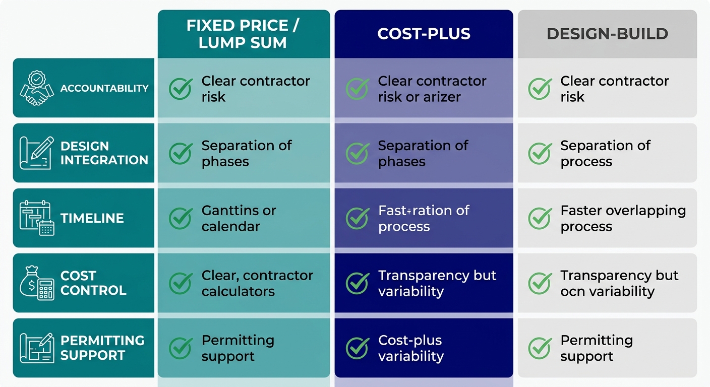 Comparison of three contractor models for Highland Ranch custom homes: Design-Build Firm, Traditional General Contractor, and Custom Home Builder, with checkmarks for accountability, design integration, timeline, cost control, and permitting support.