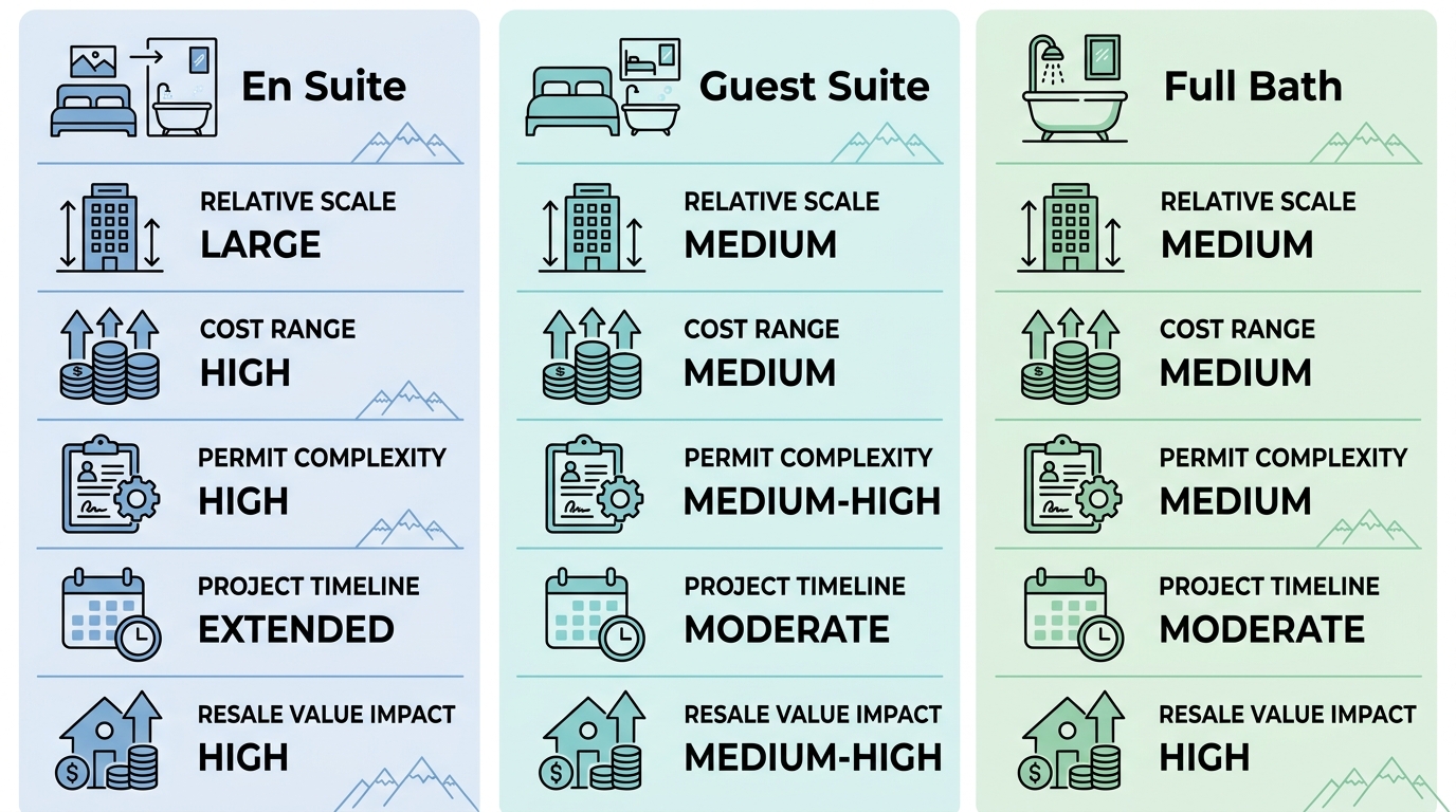 Three-column comparison infographic for Denver bathroom addition types: En Suite, Guest Suite, and Full Bath, with relative scales for square footage, cost, permit complexity, timeline, and resale value.