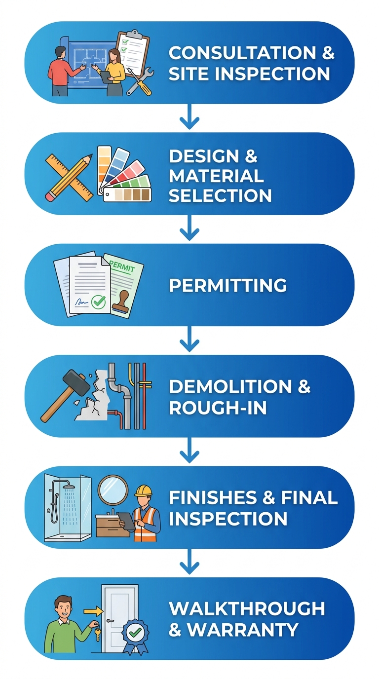 Six-step vertical process flow for a Denver bathroom addition project, from initial consultation to warranty walkthrough