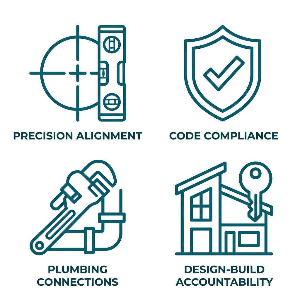 2x2 grid of four icons representing professional vanity installation benefits: precision alignment, code compliance, plumbing connections, and design-build accountability.