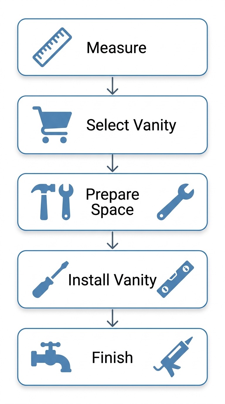 Vertical process flow illustrating five steps for vanity installation: Measure, Select Vanity, Prepare Space, Install Vanity, Finish. Each step shown with an icon and label inside a rounded rectangle, connected by downward arrows. Professional design in calming blue and white.