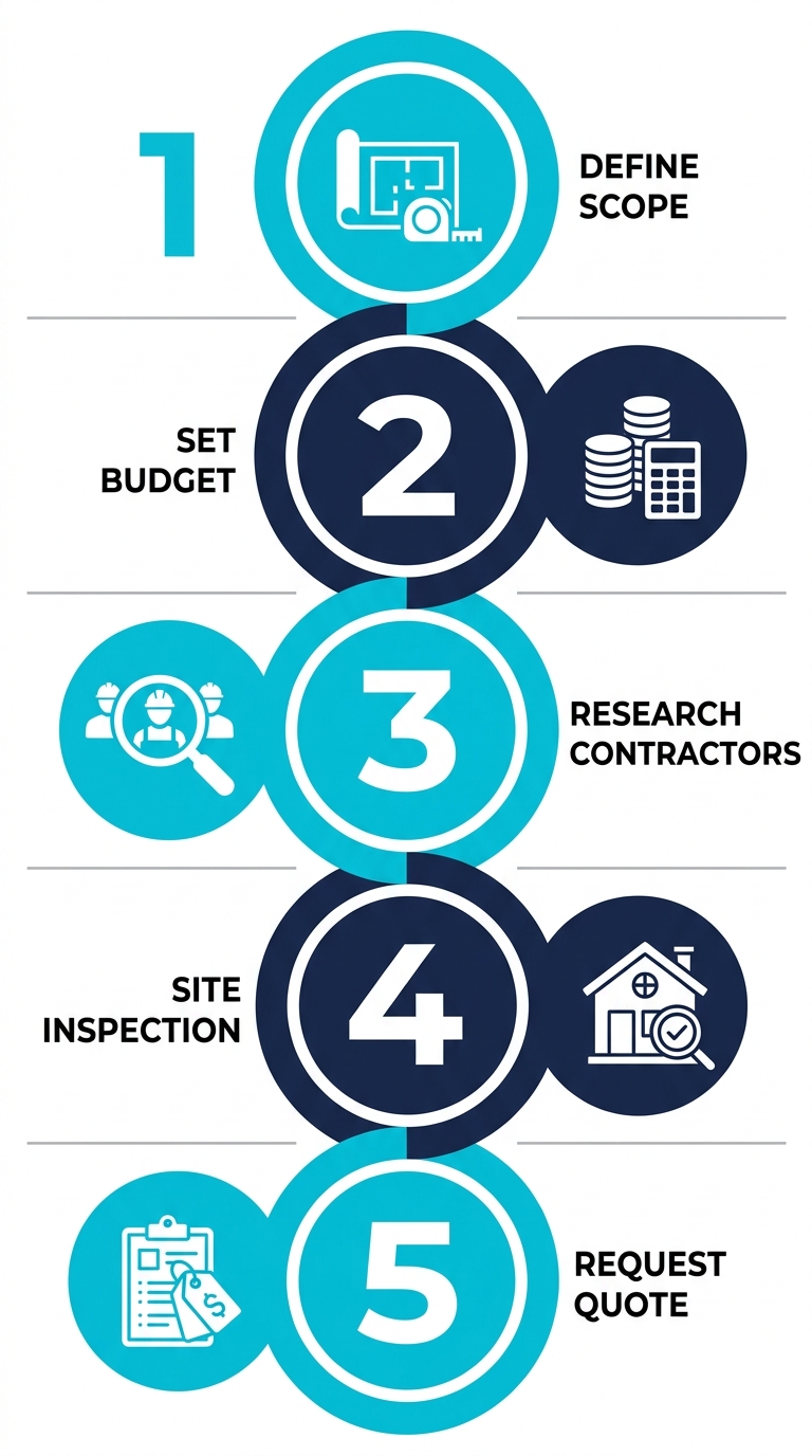 Vertical process flow diagram showing five steps to start a kitchen remodeling project in Denver: Define Scope, Set Budget, Research Contractors, Site Inspection, and Request Quote.