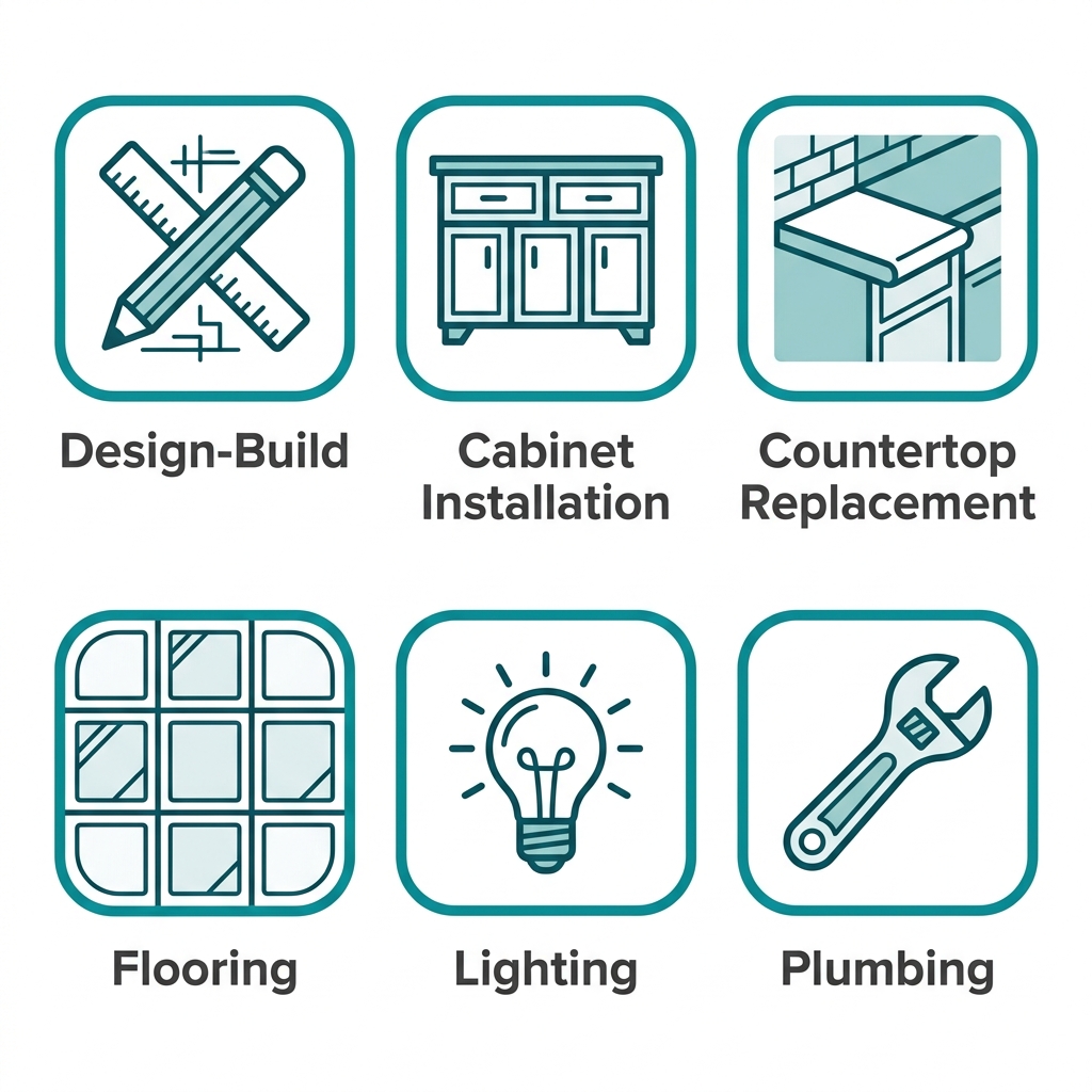 Icon set for kitchen remodeling services including design-build, cabinet installation, countertop replacement, flooring, lighting, and plumbing.