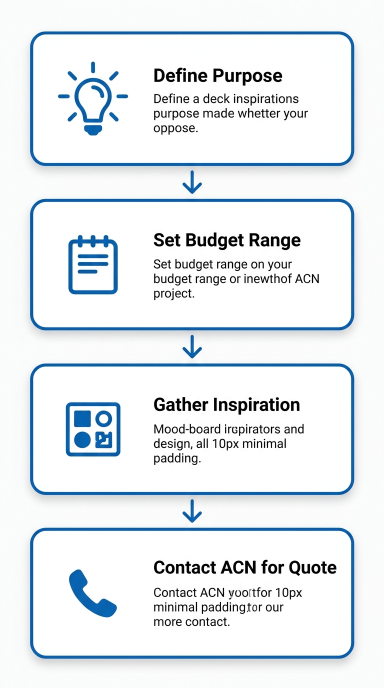 Vertical process flow showing four steps to start a deck project: define purpose, set budget, gather inspiration, contact ACN.