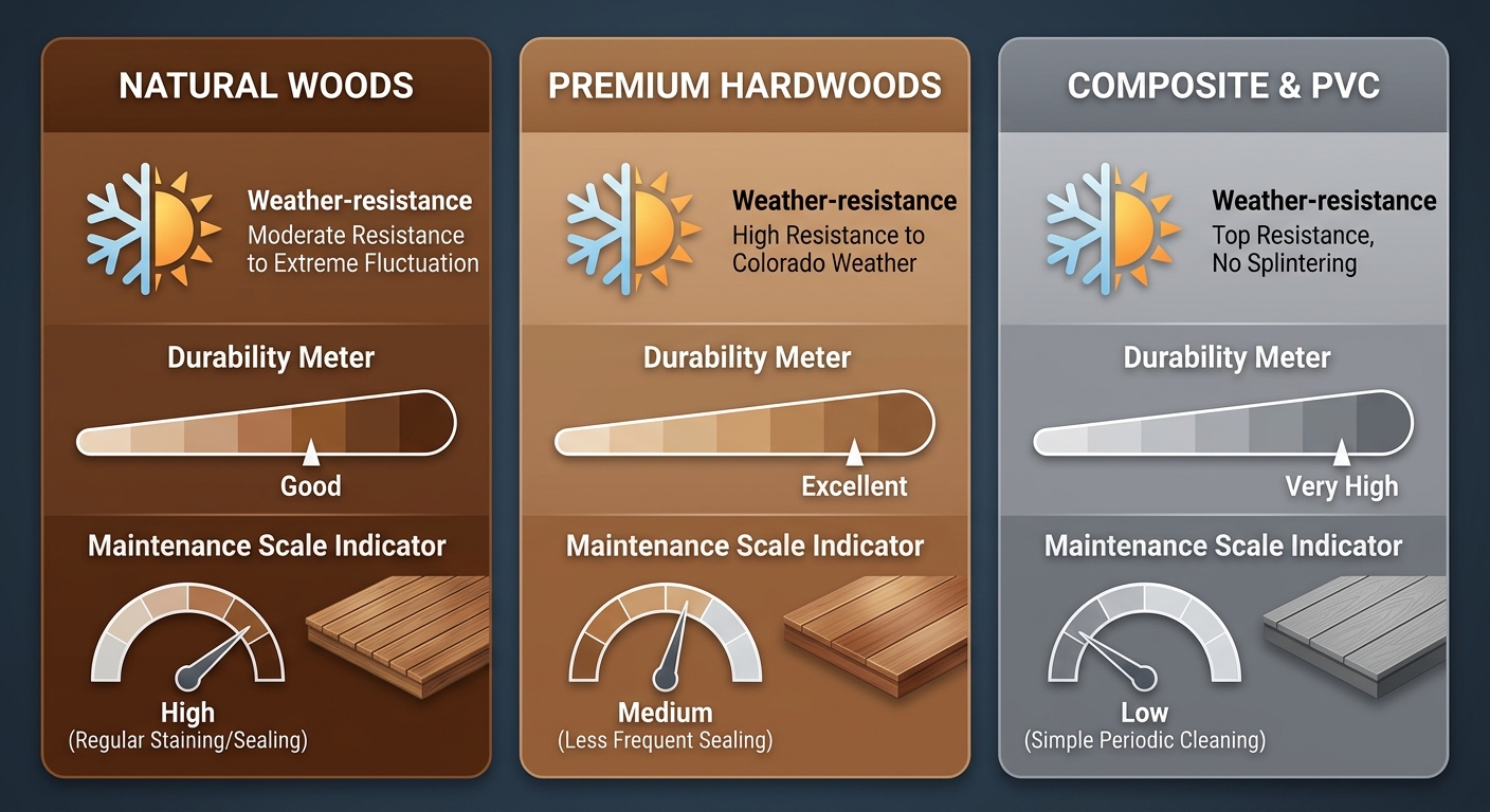 Visual comparison of three deck material categories for Denver's climate: Pressure-Treated Wood, Cedar/Redwood, and Composite/PVC, each with weather-resistance icon, durability meter, and maintenance-scale indicator.