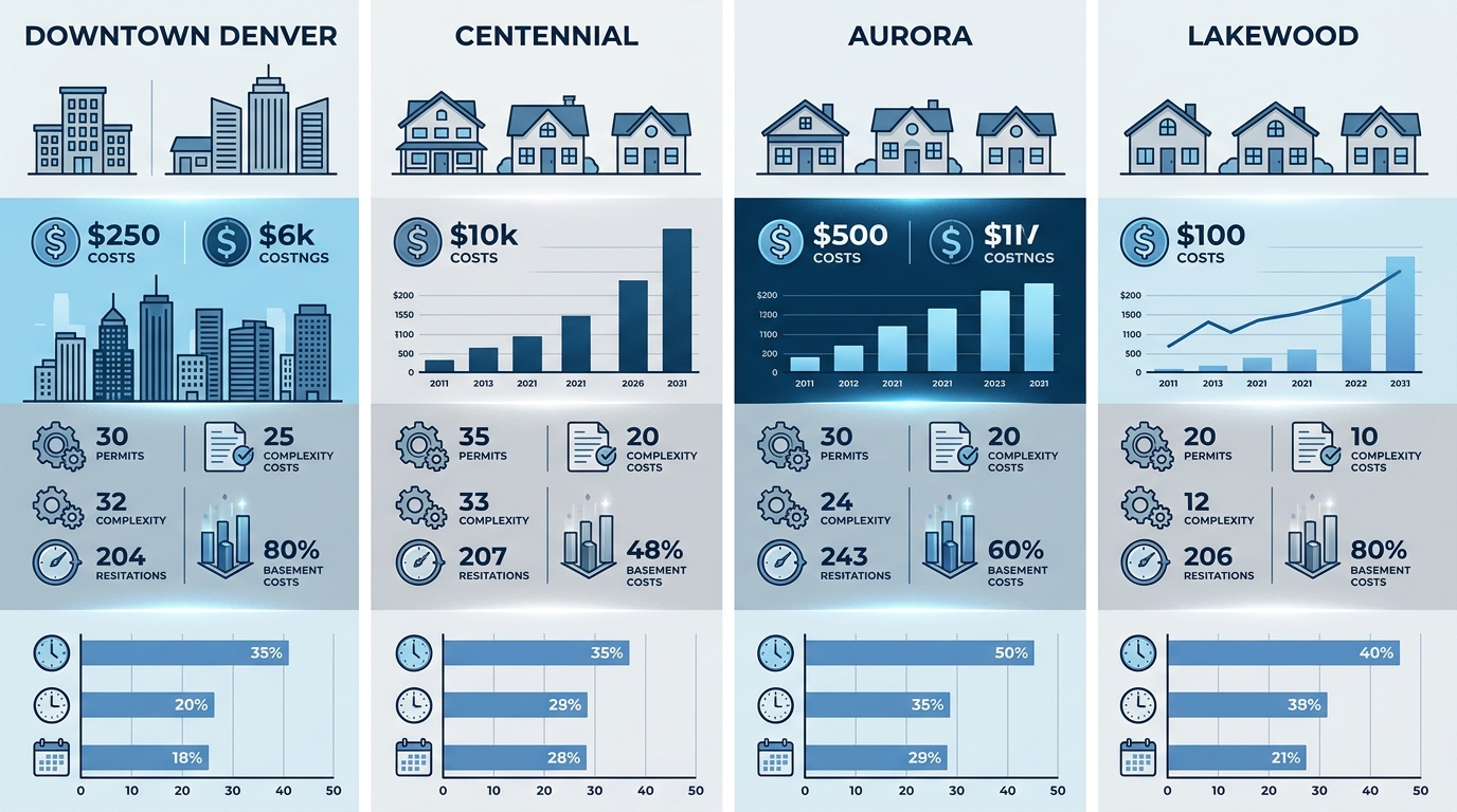 Infographic comparing basement finishing factors across four Denver metro neighborhoods: Downtown Denver, Centennial, Aurora, and Lakewood. Each column shows qualitative indicators for cost, permit complexity, and typical timeline using bars and stars. Cool blue and grey color palette with a subtle grid background.