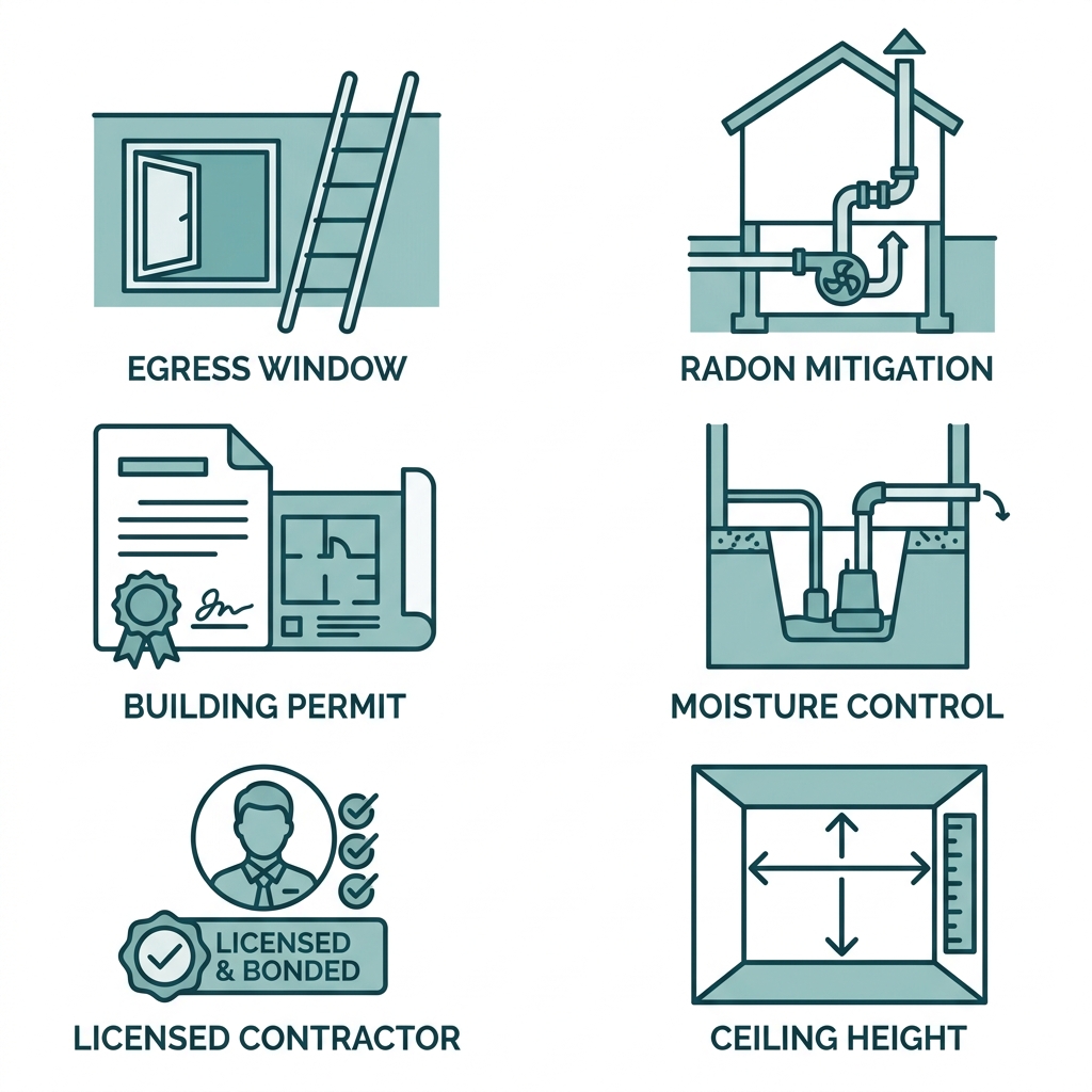 Icon set showing six key factors for Denver basement finishing: egress window, radon mitigation, building permit, moisture control, licensed contractor, and ceiling height requirement.